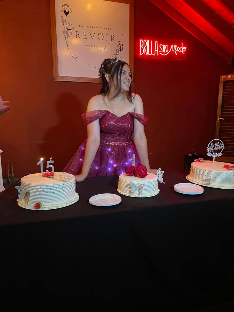 Tortas de ensueño para una noche especial Quinceañera posando junto a sus tortas
